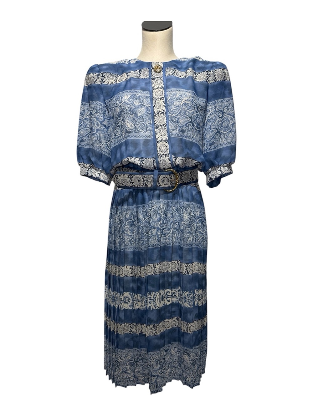 Lady Carol of New York Vintage pleated dress Puff Sleeve Midi with Belt size 12
